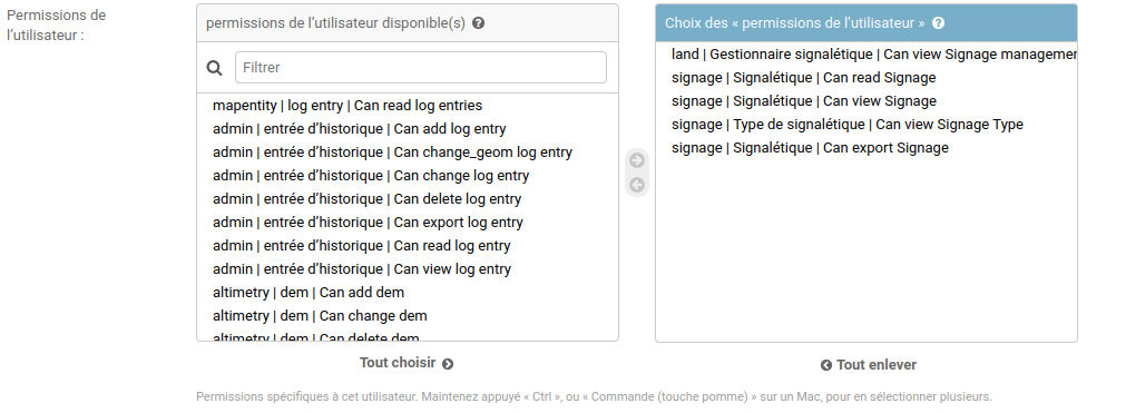 Choix des permissions de l'utilisateur